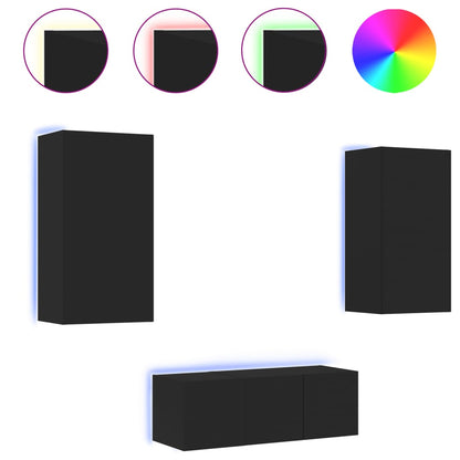 4-tlg. Wohnwand mit LED-Beleuchtung Schwarz Holzwerkstoff