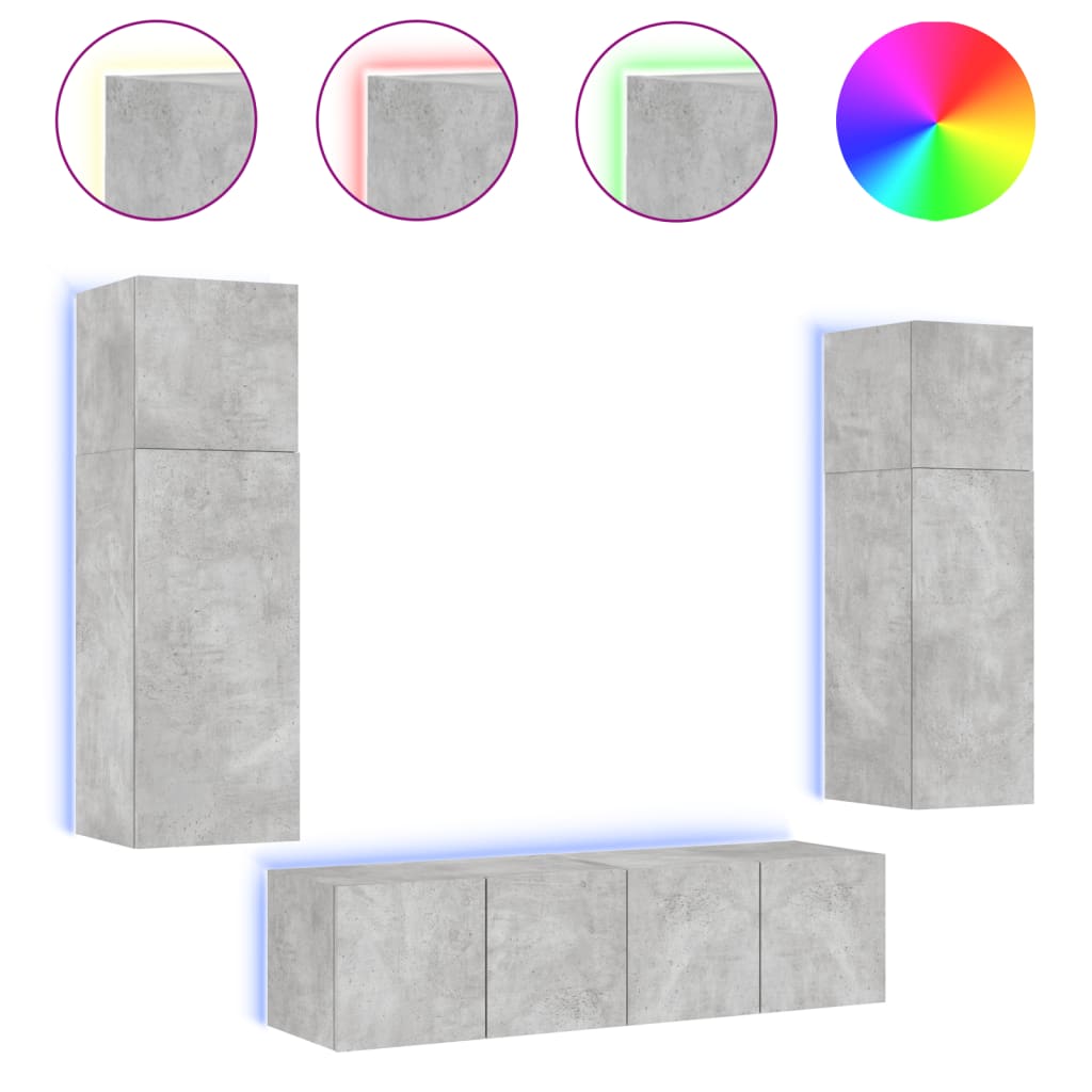6-tlg. Wohnwand mit LED-Beleuchtung Betongrau Holzwerkstoff