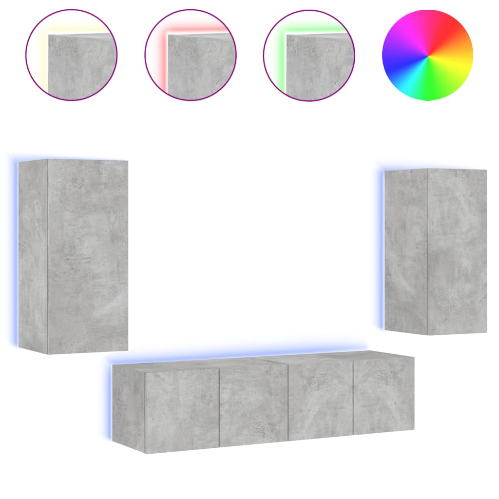 4-tlg. Wohnwand mit LED-Beleuchtung Betongrau Holzwerkstoff