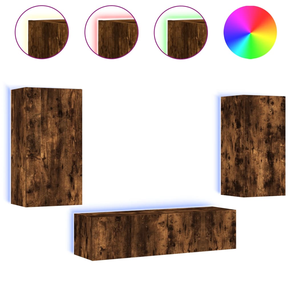 4-tlg. Wohnwand mit LED-Beleuchtung Räuchereiche Holzwerkstoff