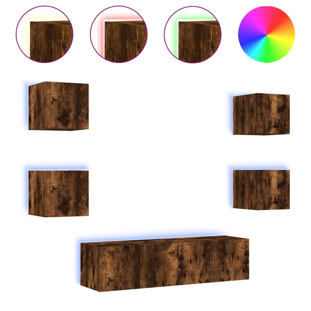 6-tlg. Wohnwand mit LED-Beleuchtung Räuchereiche Holzwerkstoff