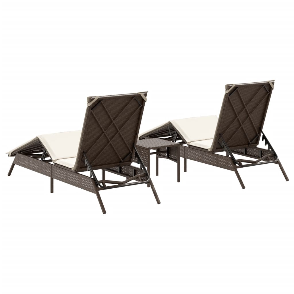 Sonnenliegen 2 Stk. mit Tisch Braun Poly Rattan