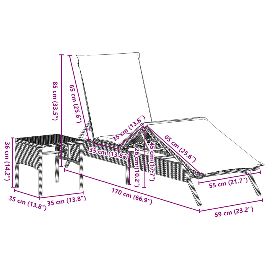 Sonnenliegen 2 Stk. mit Tisch Grau Poly Rattan