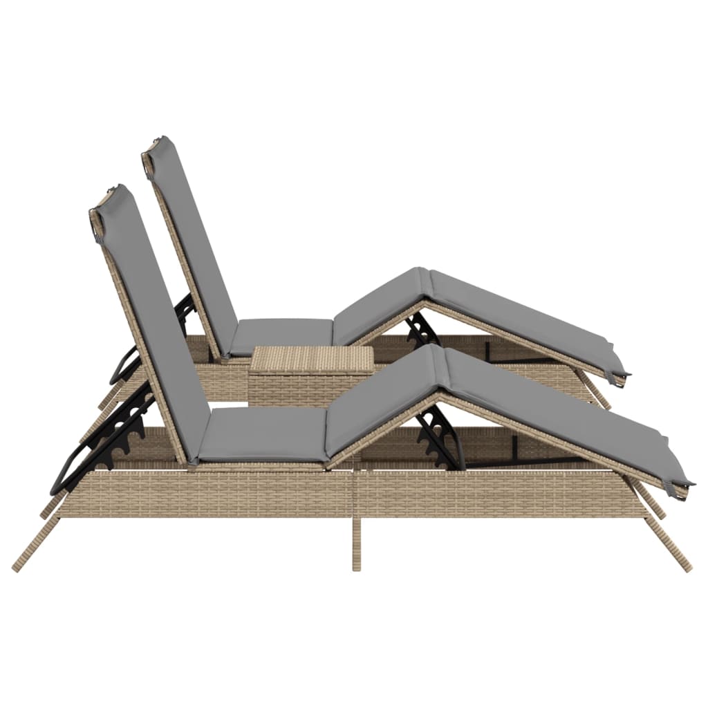 Sonnenliegen 2 Stk. mit Tisch Beige Poly Rattan