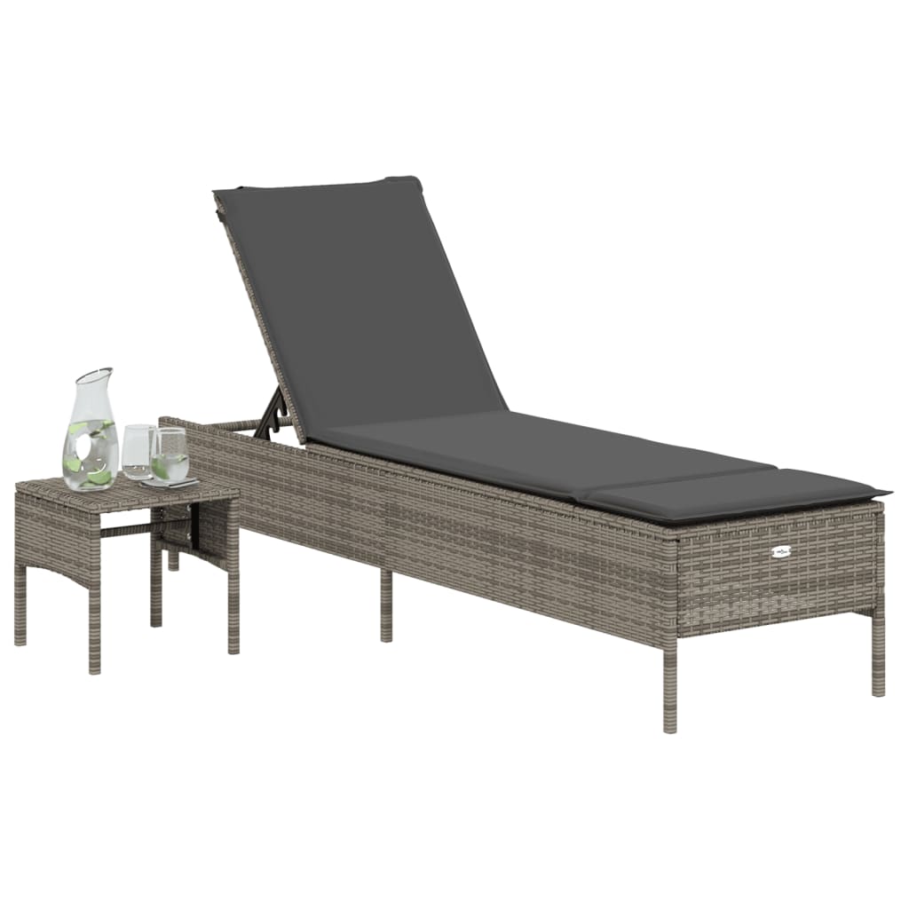 Sonnenliege mit Tisch und Auflage Grau Poly Rattan