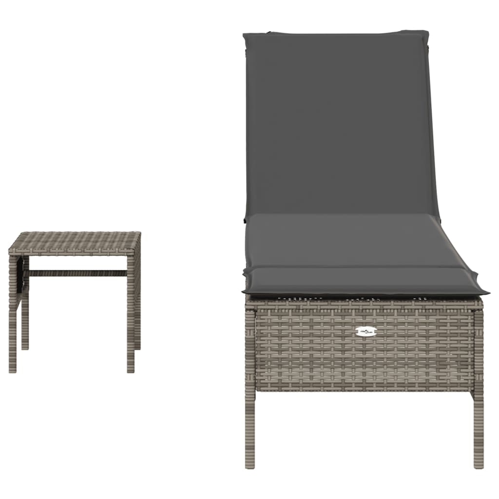 Sonnenliege mit Tisch und Auflage Grau Poly Rattan