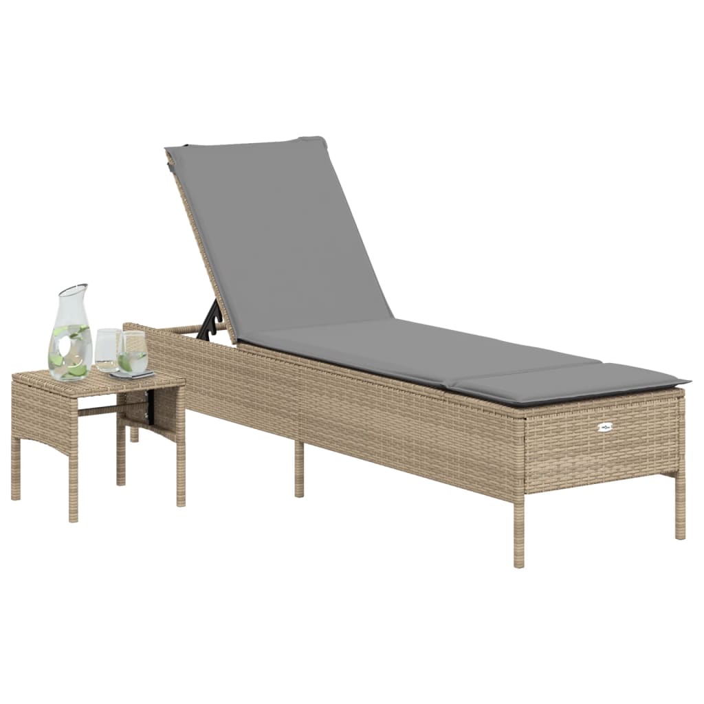 Sonnenliege mit Tisch und Auflage Beige Poly Rattan