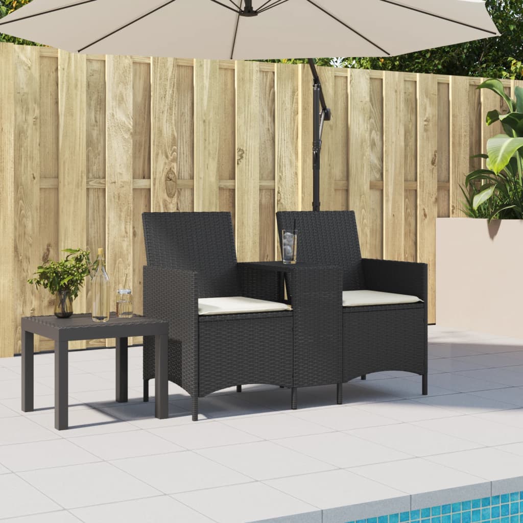 Gartensofa 2-Sitzer mit Tisch und Kissen Schwarz Poly Rattan