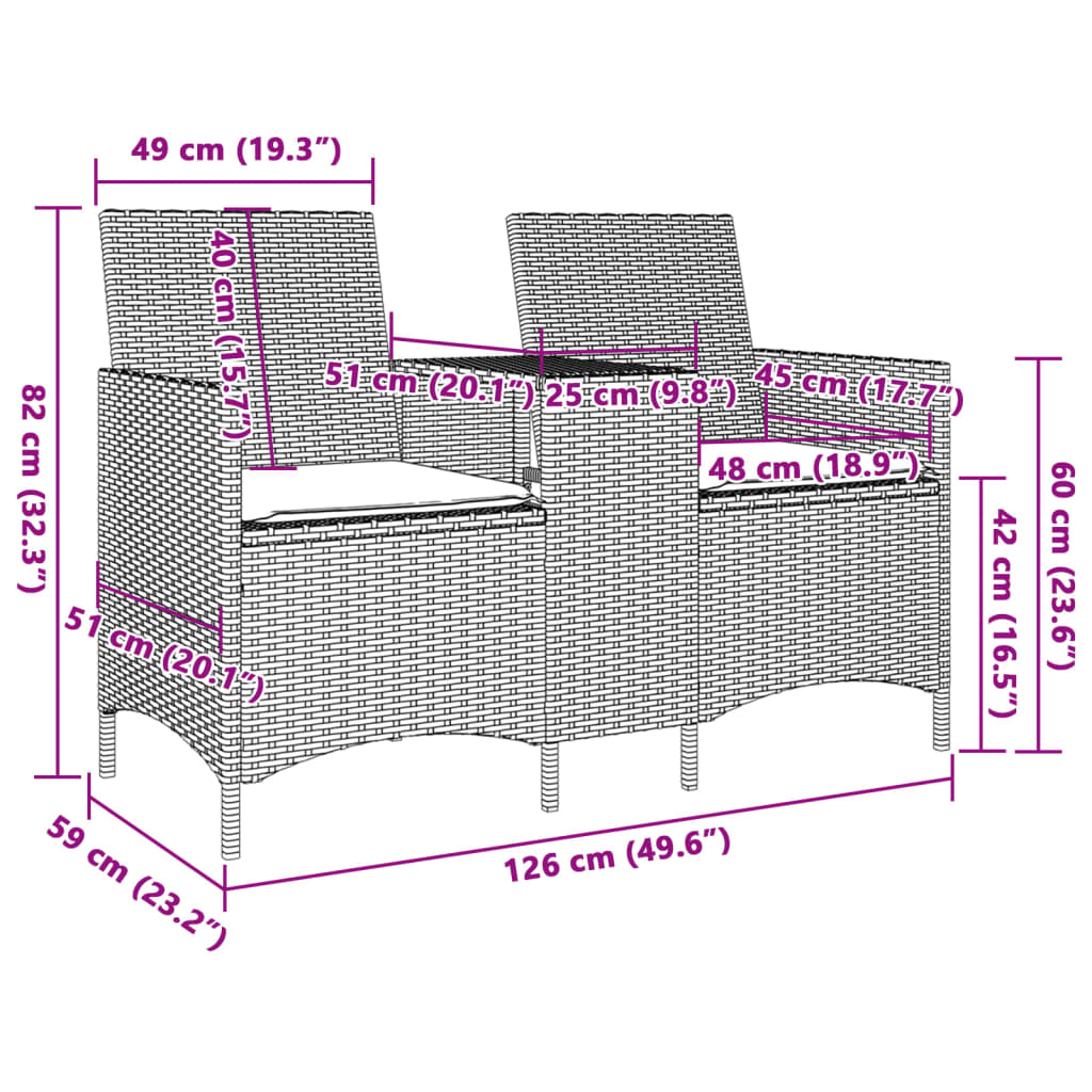 Gartensofa 2-Sitzer mit Tisch und Kissen Schwarz Poly Rattan