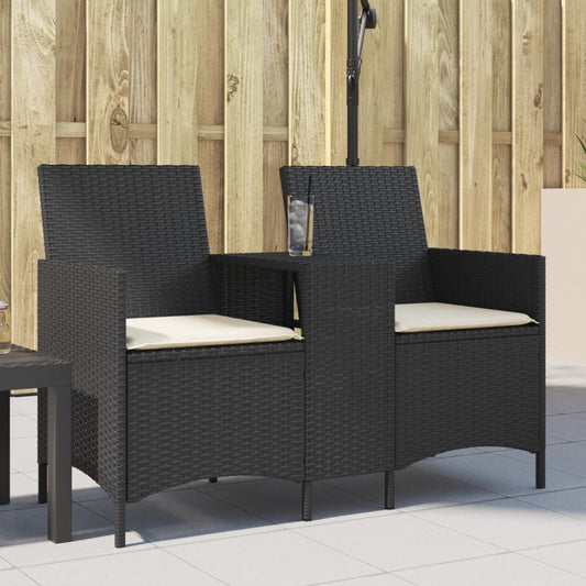 Gartensofa 2-Sitzer mit Tisch und Kissen Schwarz Poly Rattan