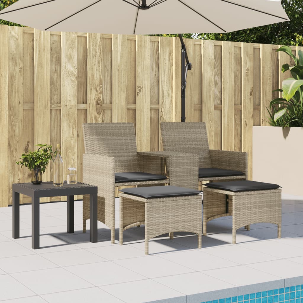 Gartensofa 2-Sitzer mit Tisch und Hockern Hellgrau Poly Rattan