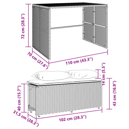 3-tlg. Garten-Essgruppe mit Kissen Grau Poly Rattan