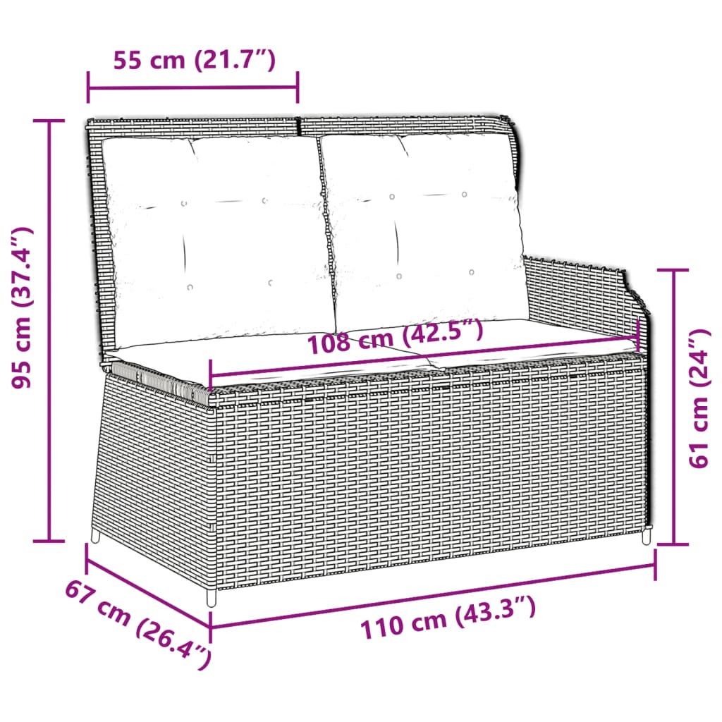 Gartenbank Verstellbar mit Kissen Beige Poly Rattan