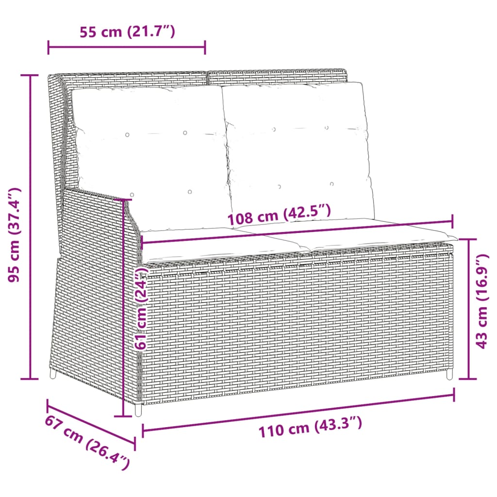 Gartenbank Verstellbar mit Kissen Hellgrau Poly Rattan