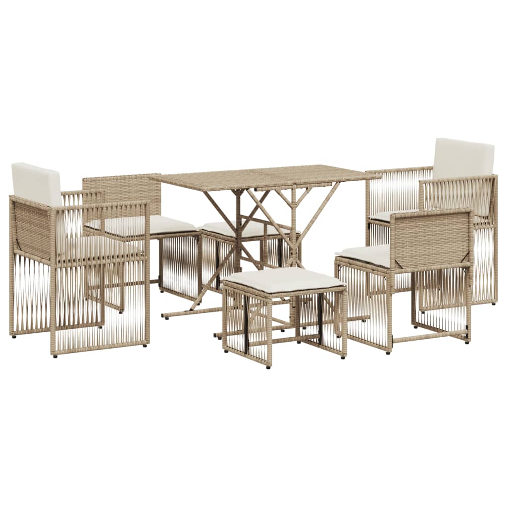 7-tlg. Garten-Essgruppe mit Kissen Beige Poly Rattan