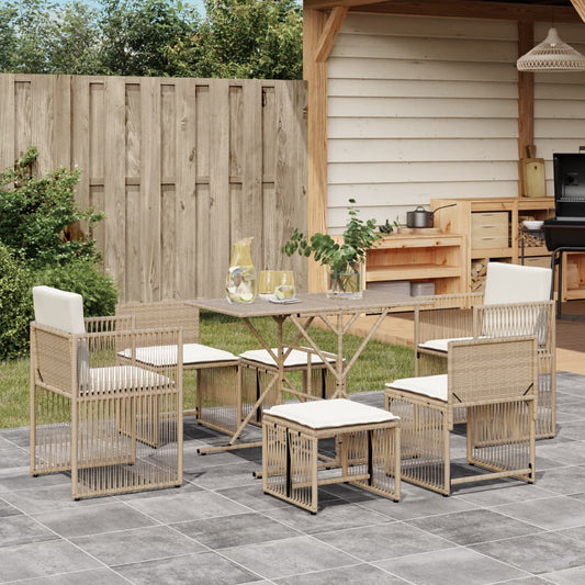 7-tlg. Garten-Essgruppe mit Kissen Beige Poly Rattan