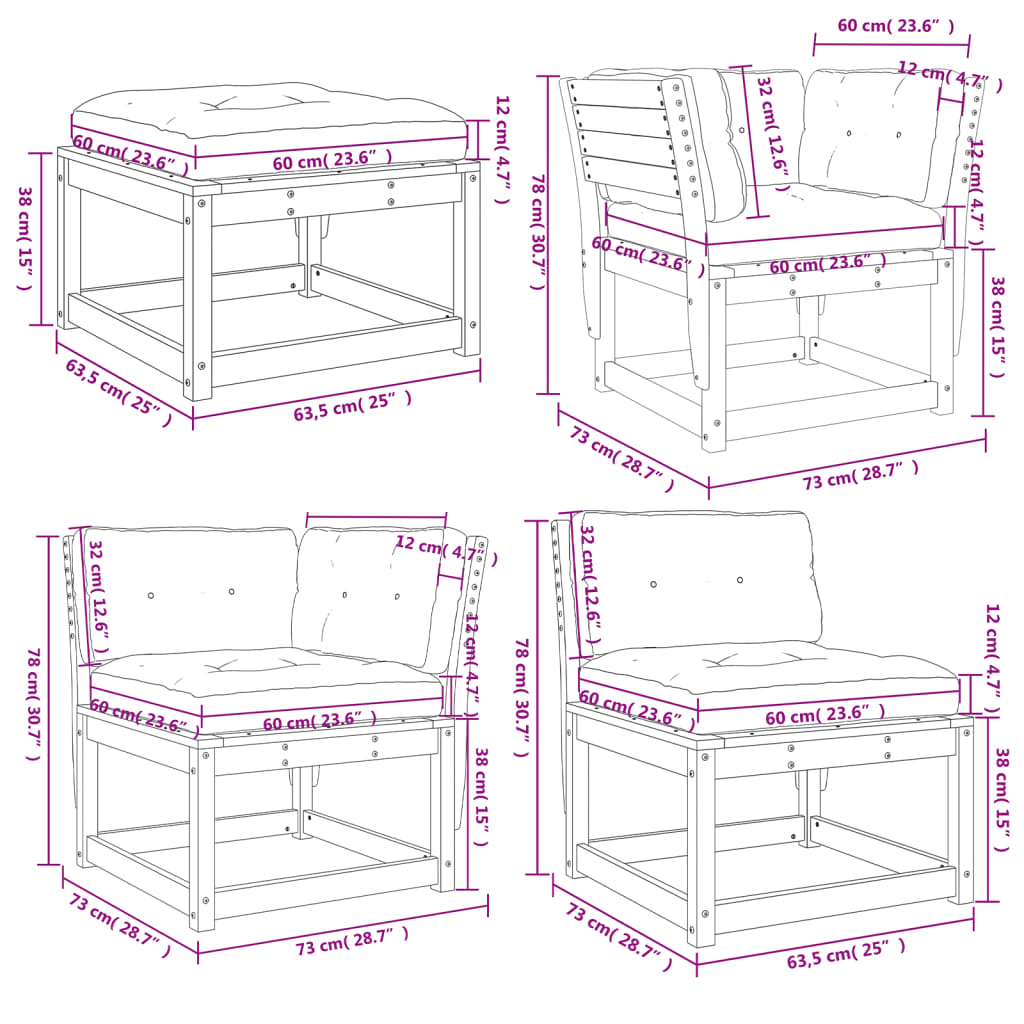 5tlg. Garten-Lounge-Set mit Kissen Wachsbraun Massivholz Kiefer