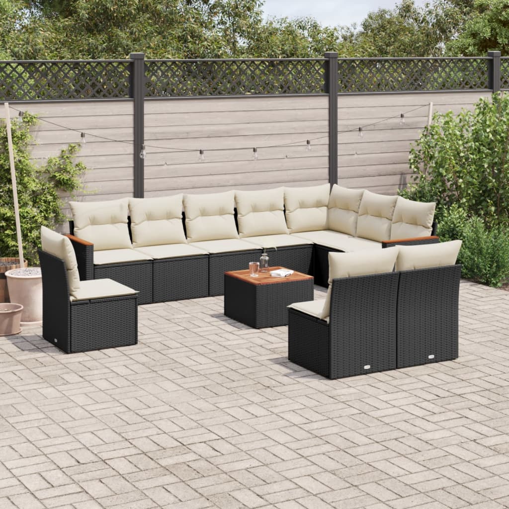 11-tlg. Garten-Sofagarnitur mit Kissen Schwarz Poly Rattan