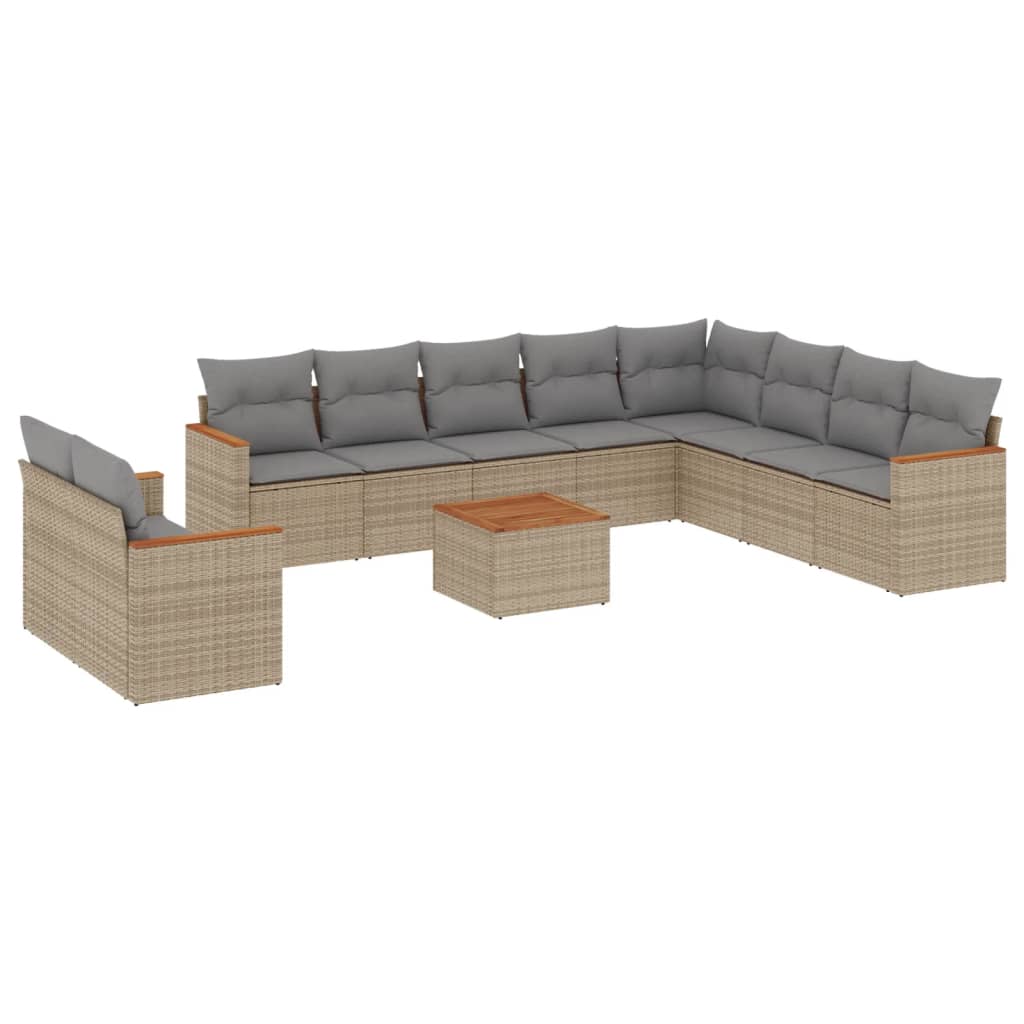 11-tlg. Garten-Sofagarnitur mit Kissen Beige Poly Rattan