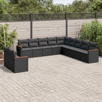 11-tlg. Garten-Sofagarnitur mit Kissen Schwarz Poly Rattan