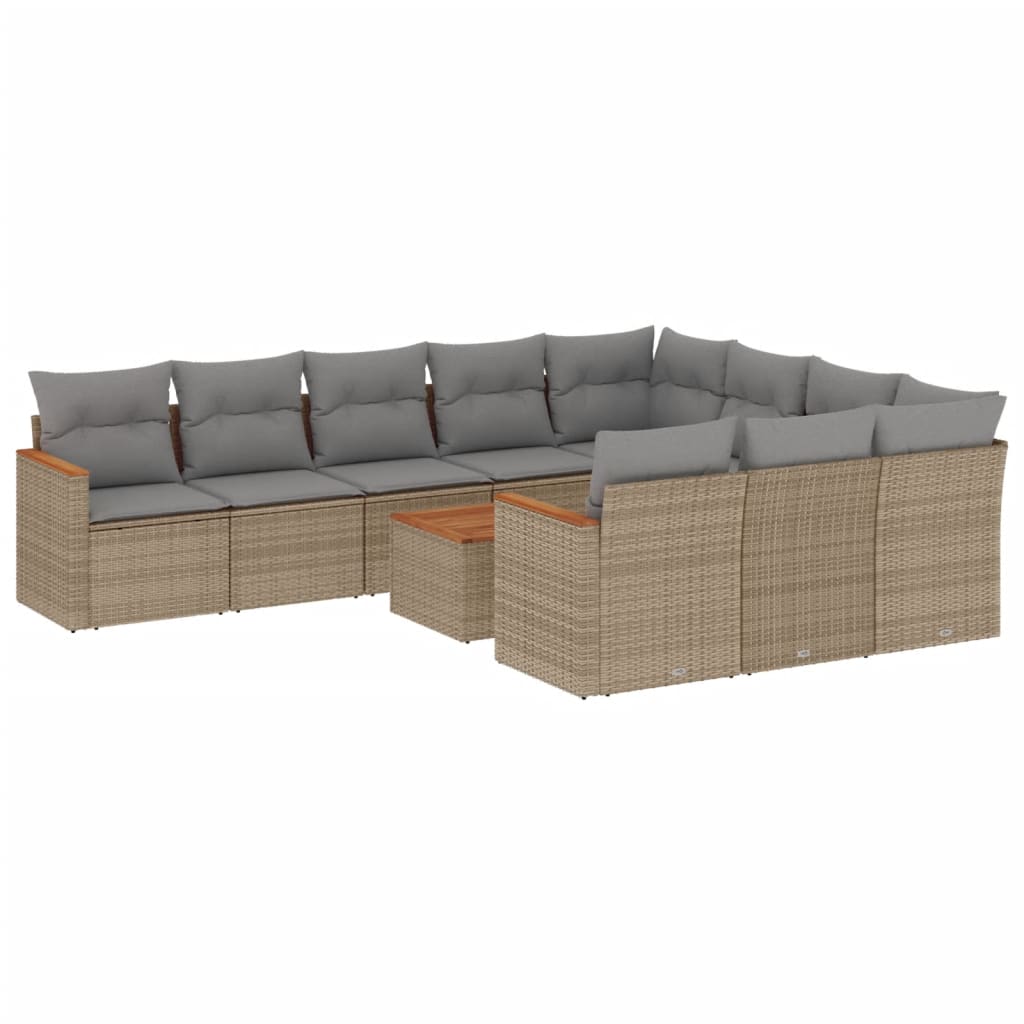 11-tlg. Garten-Sofagarnitur mit Kissen Beige Poly Rattan