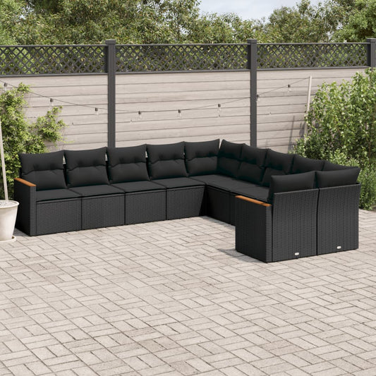 10-tlg. Garten-Sofagarnitur mit Kissen Schwarz Poly Rattan