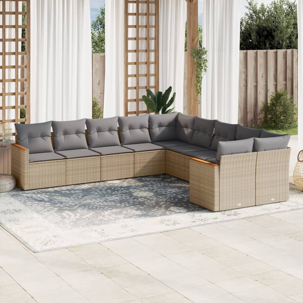 10-tlg. Garten-Sofagarnitur mit Kissen Beige Poly Rattan