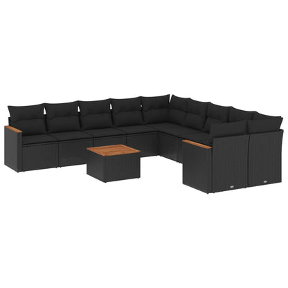 11-tlg. Garten-Sofagarnitur mit Kissen Schwarz Poly Rattan