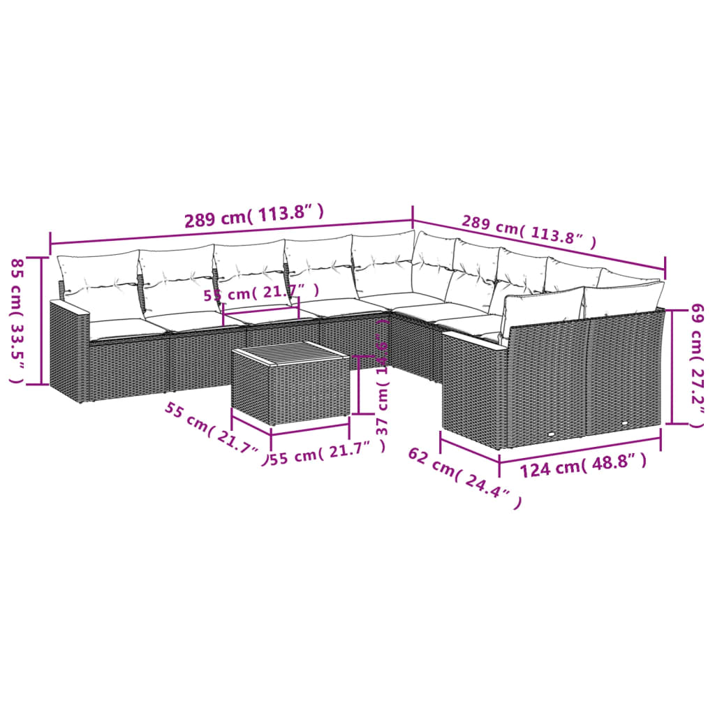 11-tlg. Garten-Sofagarnitur mit Kissen Grau Poly Rattan