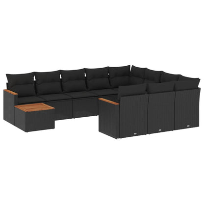 11-tlg. Garten-Sofagarnitur mit Kissen Schwarz Poly Rattan