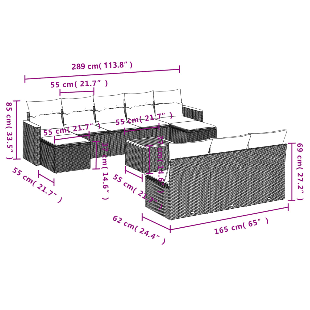 11-tlg. Garten-Sofagarnitur mit Kissen Schwarz Poly Rattan