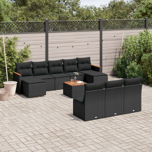 11-tlg. Garten-Sofagarnitur mit Kissen Schwarz Poly Rattan