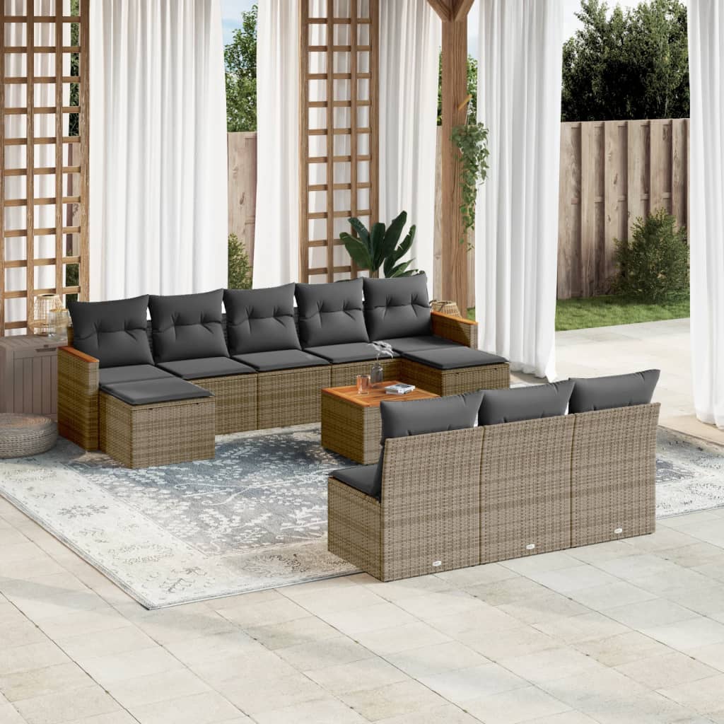 11-tlg. Garten-Sofagarnitur mit Kissen Grau Poly Rattan