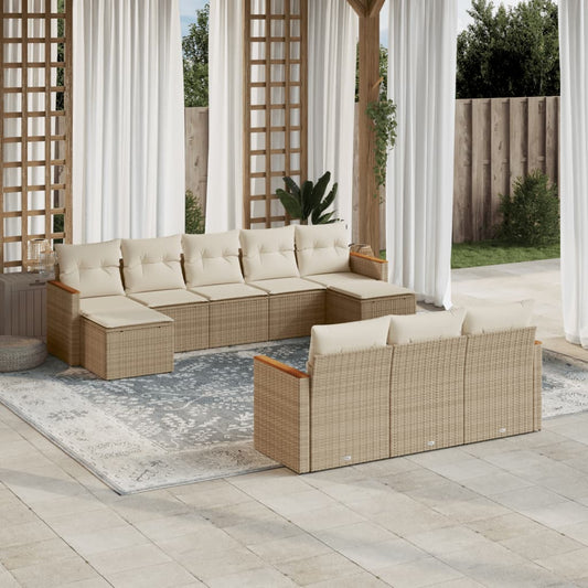 10-tlg. Garten-Sofagarnitur mit Kissen Beige Poly Rattan