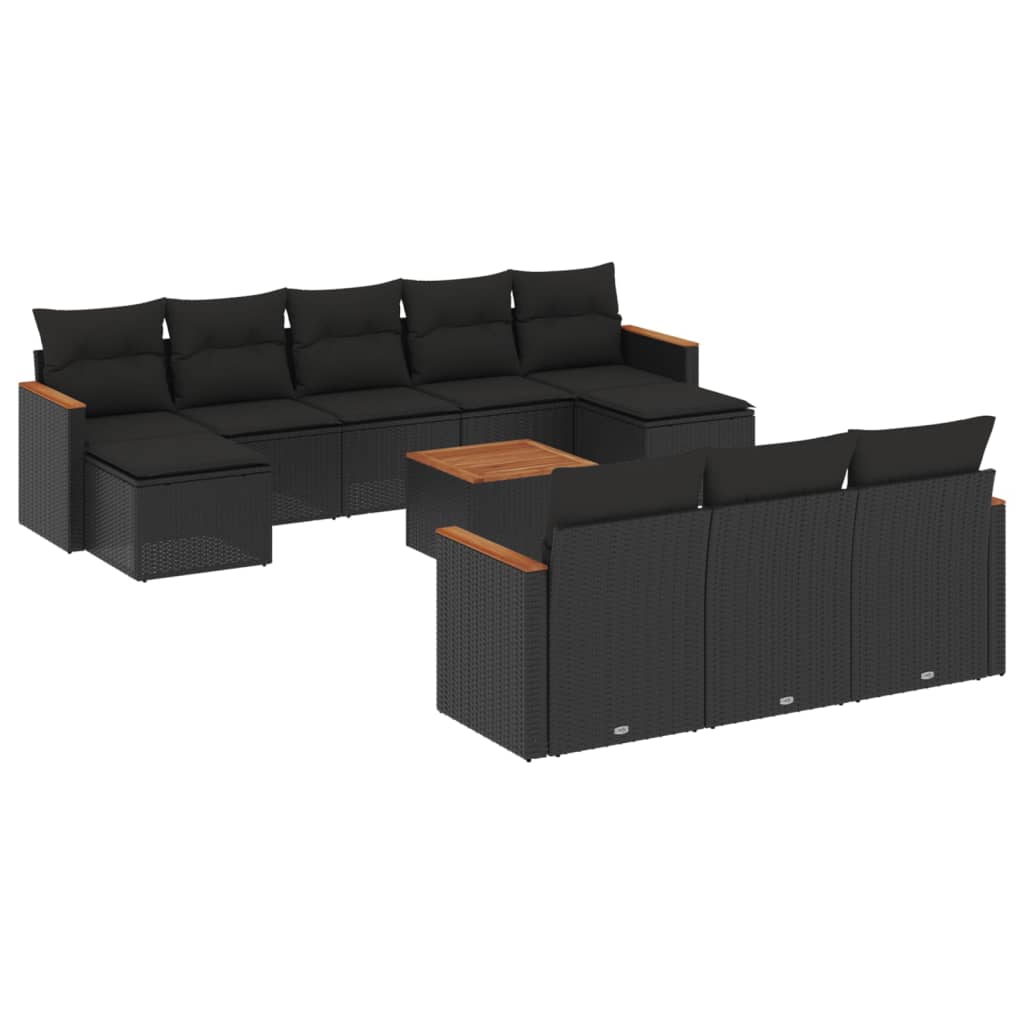 11-tlg. Garten-Sofagarnitur mit Kissen Schwarz Poly Rattan