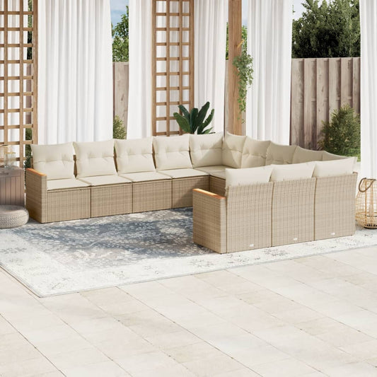 11-tlg. Garten-Sofagarnitur mit Kissen Beige Poly Rattan