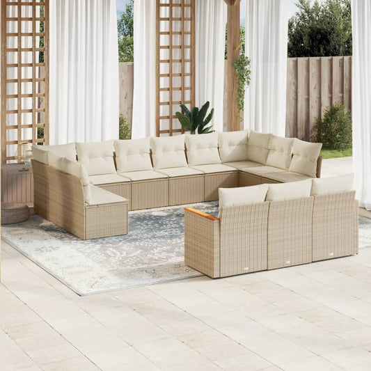 13-tlg. Garten-Sofagarnitur mit Kissen Beige Poly Rattan