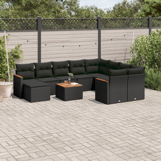 11-tlg. Garten-Sofagarnitur mit Kissen Schwarz Poly Rattan