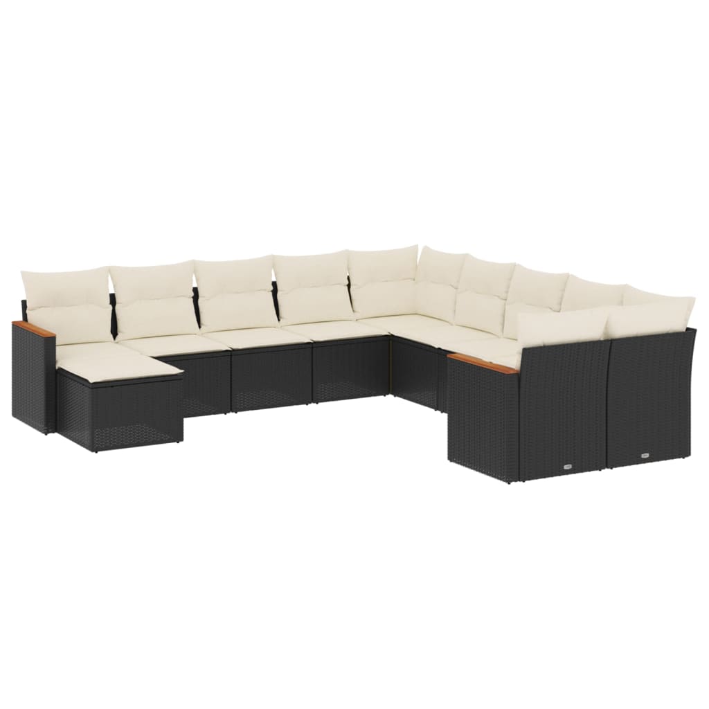 11-tlg. Garten-Sofagarnitur mit Kissen Schwarz Poly Rattan