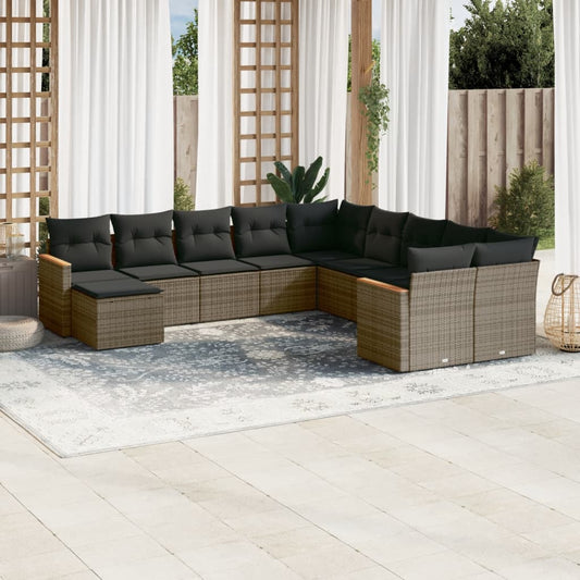 11-tlg. Garten-Sofagarnitur mit Kissen Grau Poly Rattan