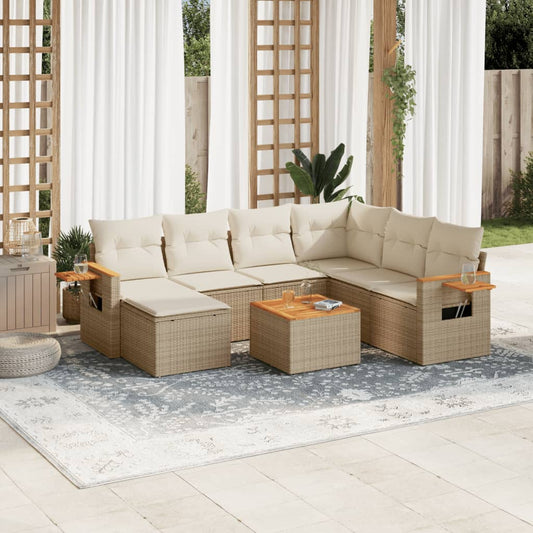 8-tlg. Garten-Sofagarnitur mit Kissen Beige Poly Rattan