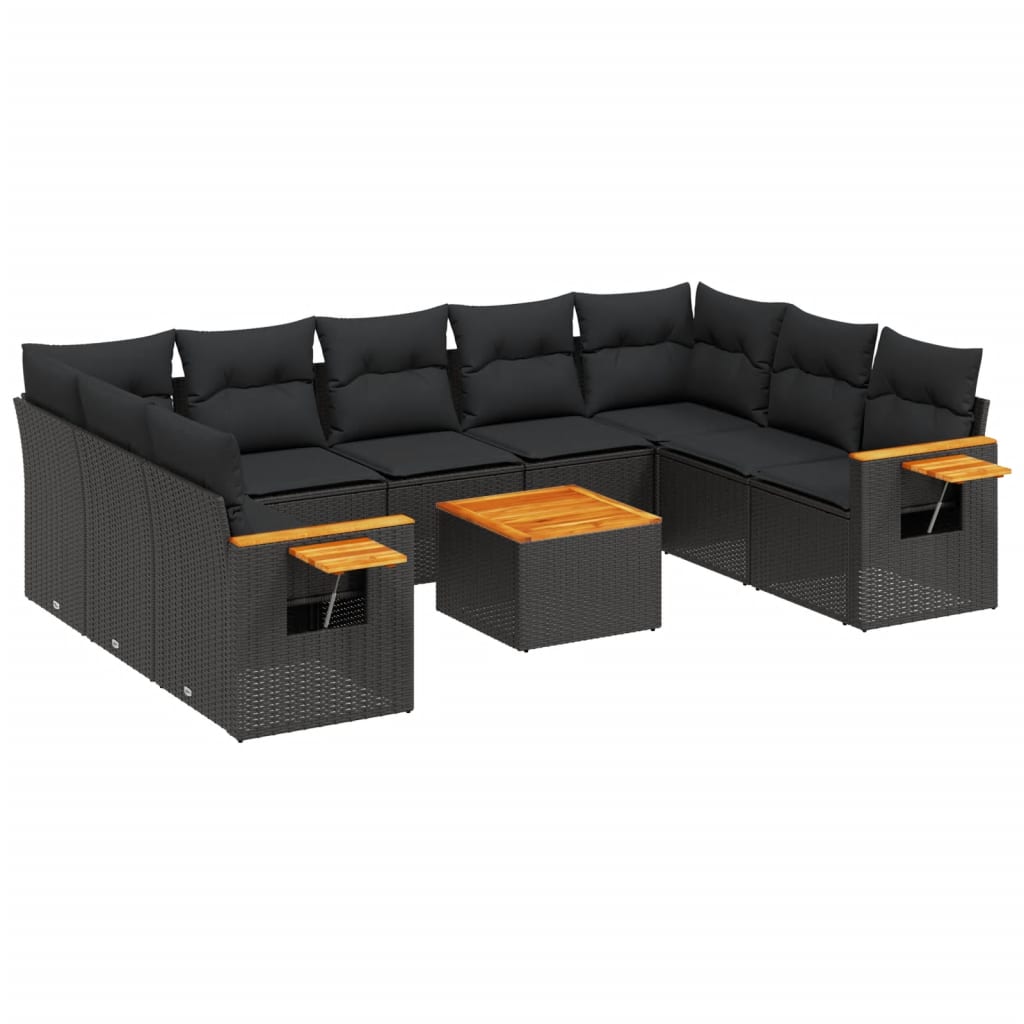 10-tlg. Garten-Sofagarnitur mit Kissen Schwarz Poly Rattan