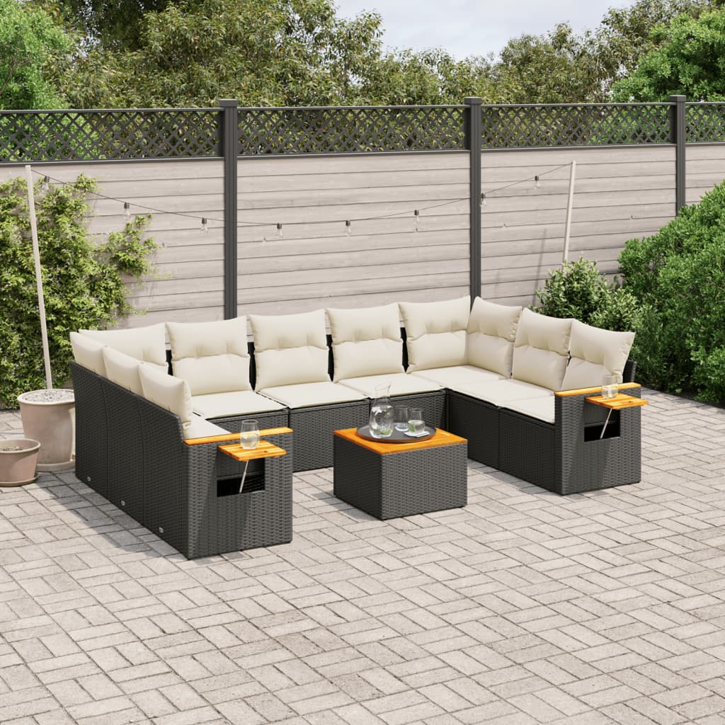 10-tlg. Garten-Sofagarnitur mit Kissen Schwarz Poly Rattan