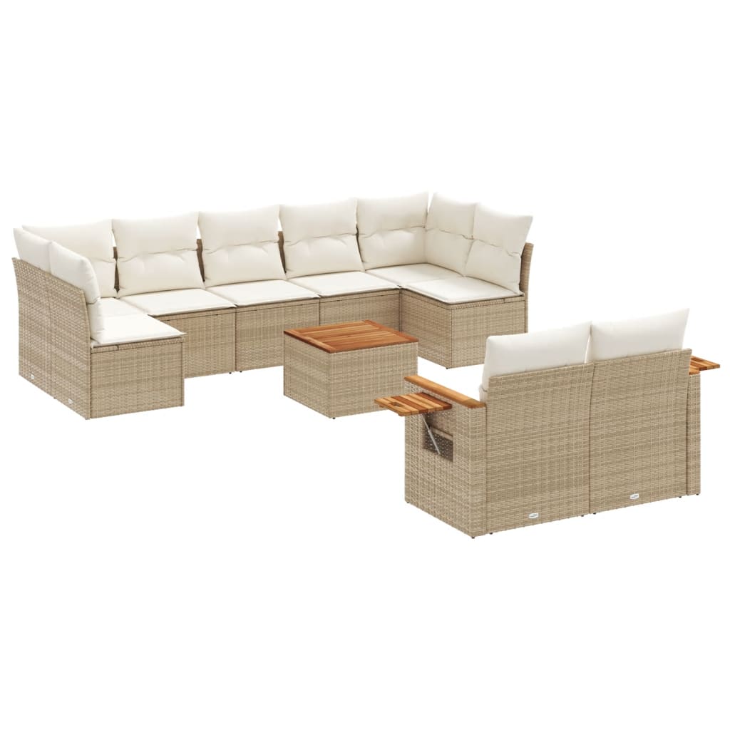 10-tlg. Garten-Sofagarnitur mit Kissen Beige Poly Rattan