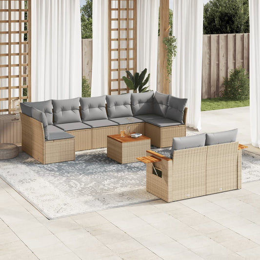 10-tlg. Garten-Sofagarnitur mit Kissen Beige Poly Rattan