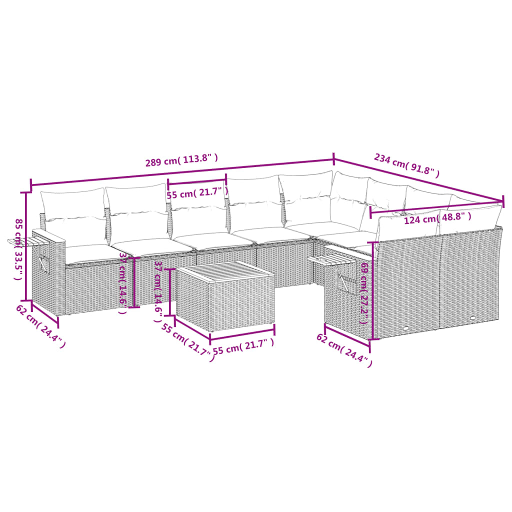 10-tlg. Garten-Sofagarnitur mit Kissen Beige Poly Rattan