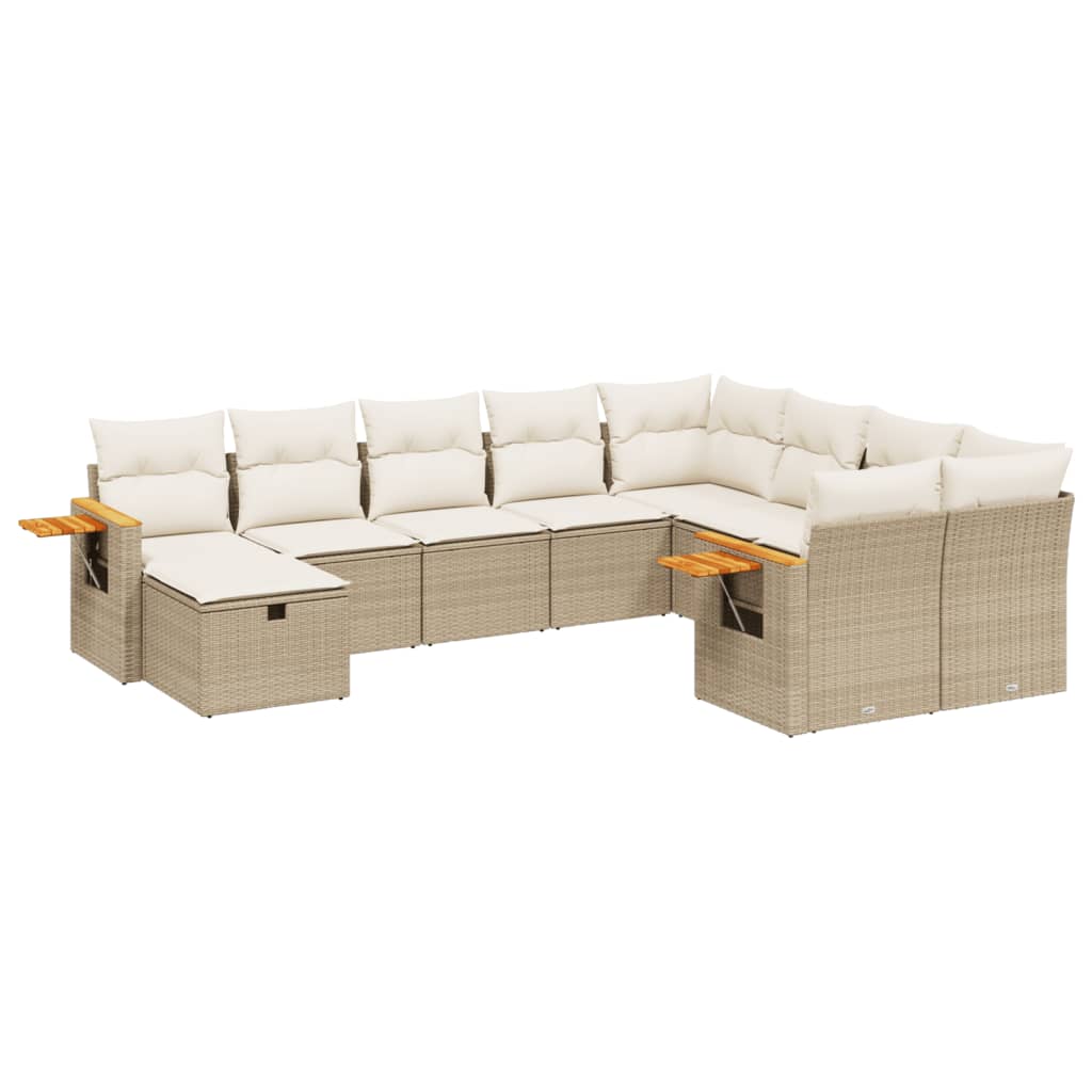 10-tlg. Garten-Sofagarnitur mit Kissen Beige Poly Rattan