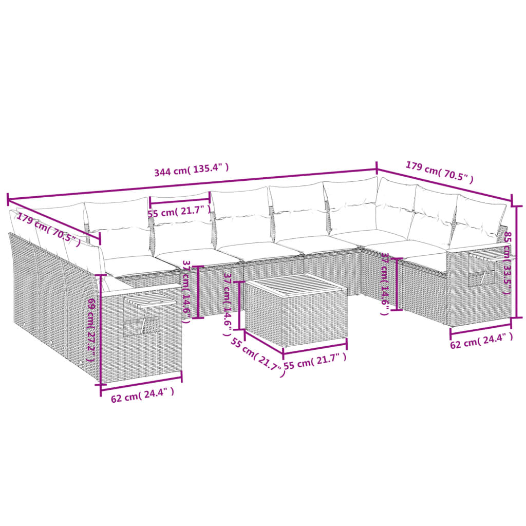 11-tlg. Garten-Sofagarnitur mit Kissen Grau Poly Rattan