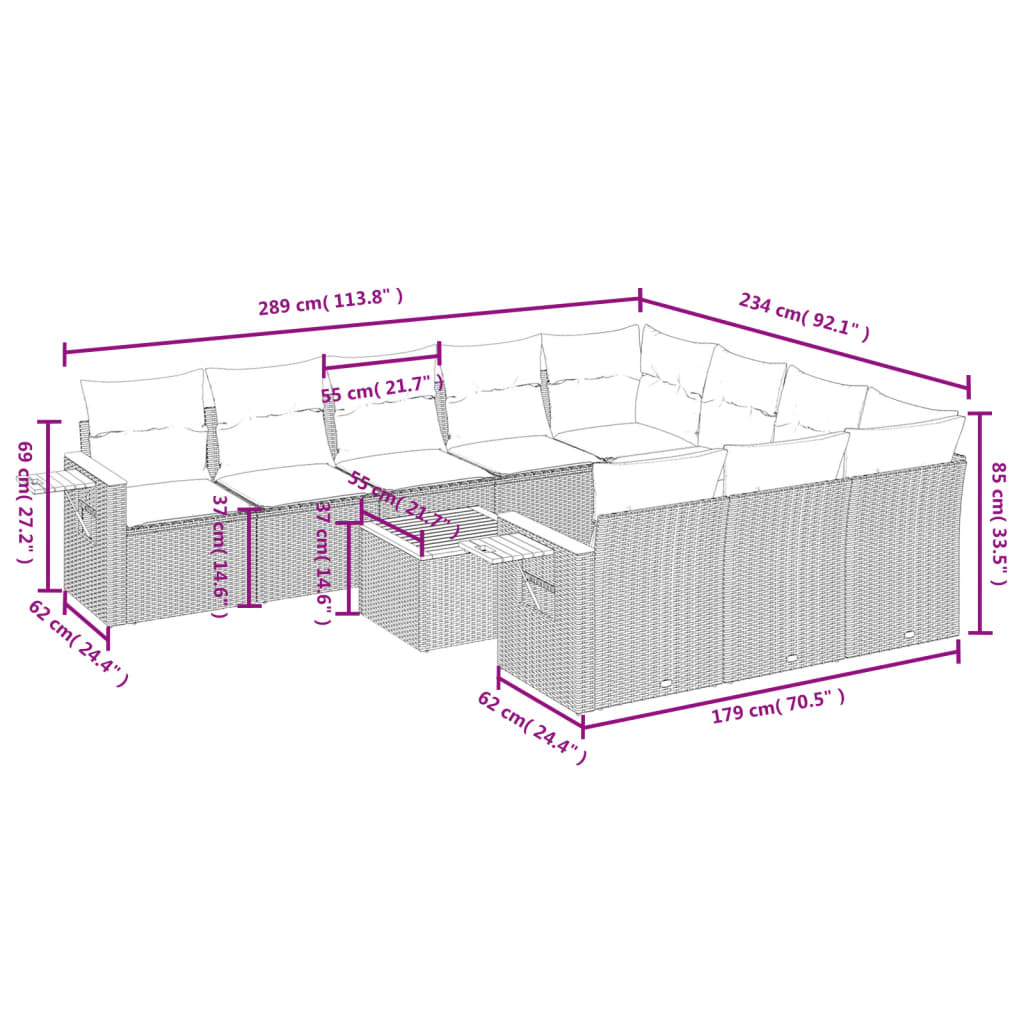 11-tlg. Garten-Sofagarnitur mit Kissen Schwarz Poly Rattan