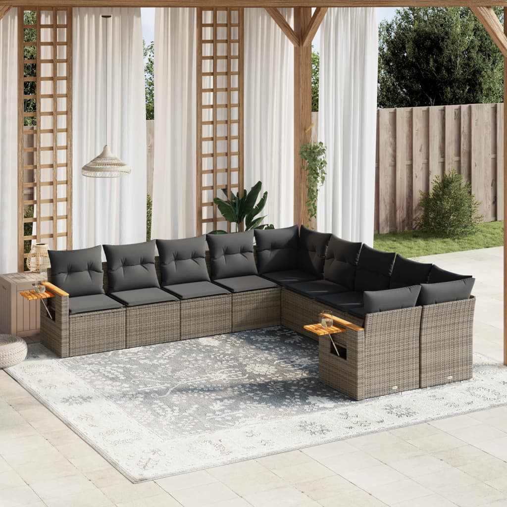 10-tlg. Garten-Sofagarnitur mit Kissen Grau Poly Rattan